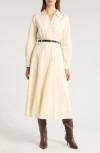 Zoe And Claire Long Sleeve Belted Midi Shirtdress In Ecru