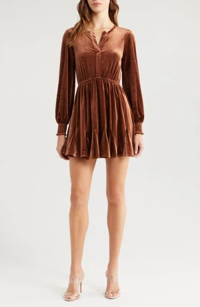 Zoe And Claire Long Sleeve Velvet Minidress In Brown