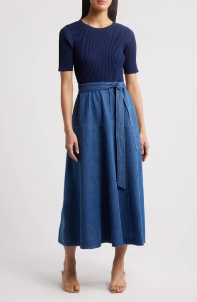 Zoe And Claire Mixed Media Denim Dress In Navy