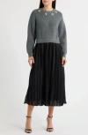 Zoe And Claire Mixed Media Embellished Long Sleeve Sweater Dress In Animal Print