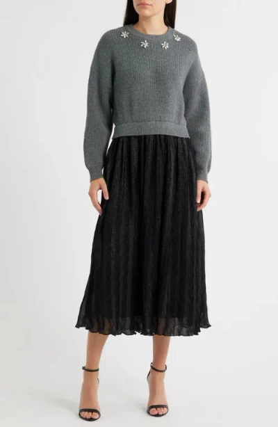 Zoe And Claire Mixed Media Embellished Long Sleeve Sweater Dress In Animal Print