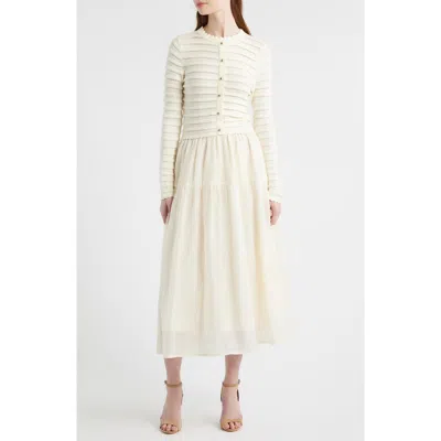 Zoe And Claire Mixed Media Long Sleeve Scallop Stitch Tiered Midi Dress In White
