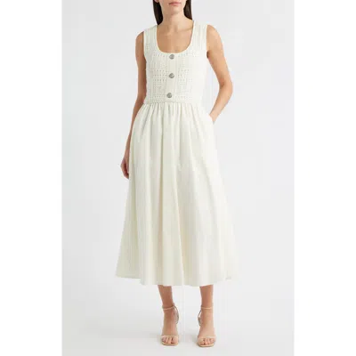 Zoe And Claire Mixed Media Pointelle Stitch Dress In White