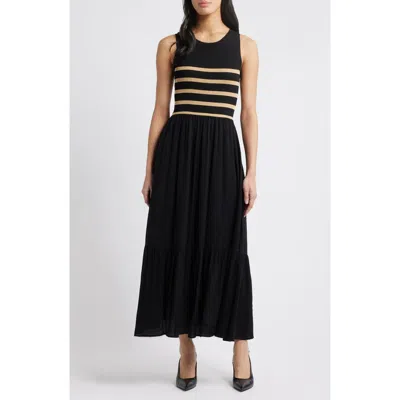 Zoe And Claire Mixed Media Stripe Bodice Sweater Dress In Black