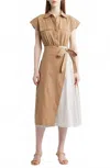 Zoe And Claire Mixed Media Tie Waist Midi Shirtdress In Nude In Brown