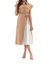 Zoe And Claire Mixed Media Tie Waist Shirtdress In Khaki In Brown