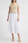 Zoe And Claire Mixed Media Tiered Cotton Poplin Dress In Brown