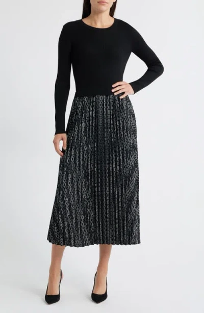 Zoe And Claire Pleated Long Sleeve Mixed Media Dress In Multi