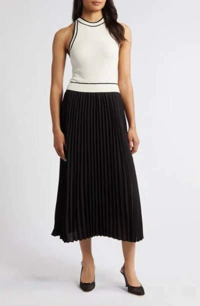Zoe And Claire Pleated Skirt Mixed Media Midi Dress In Black
