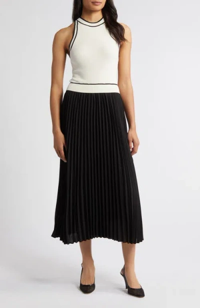 Zoe And Claire Pleated Skirt Mixed Media Midi Dress In Ivory/black