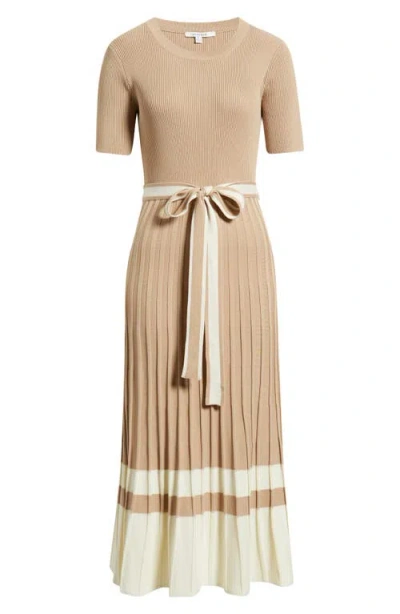 Zoe And Claire Pleated Tie Waist Maxi Sweater Dress In Brown