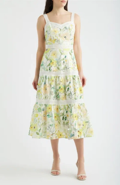 Zoe And Claire Print Lace Trim Sleeveless Midi Dress In Green