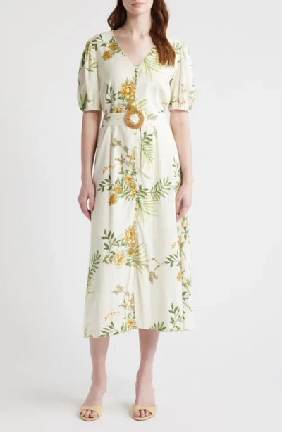Zoe And Claire Printed Puff Sleeve Belted Midi Dress In Multi