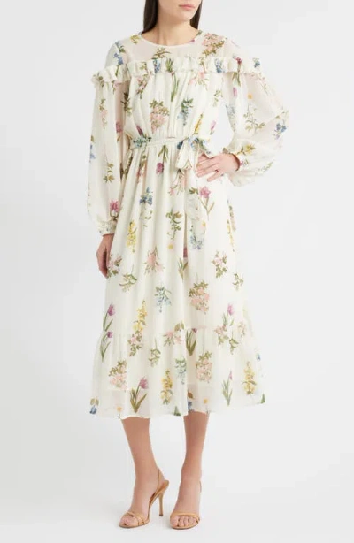 Zoe And Claire Printed Ruffle Long Sleeve Tie Belt Chiffon Midi Dress In White