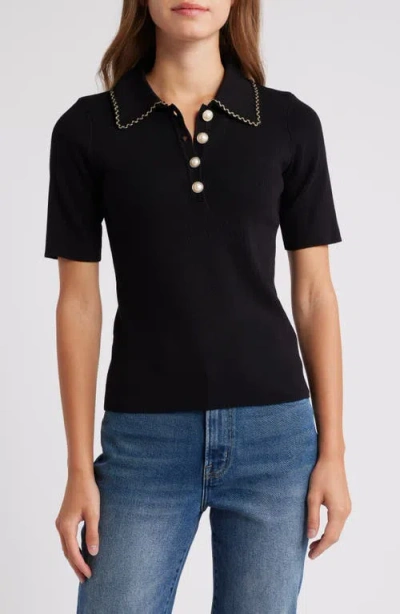 Zoe And Claire Rib Polo Sweater In Black
