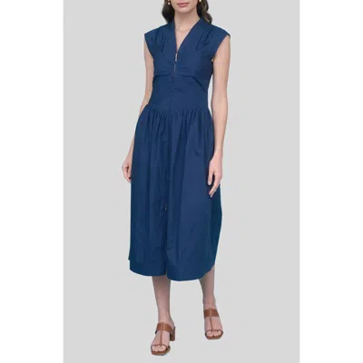Zoe And Claire Seamed Cotton Fit & Flare Dress In Blue