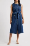 Zoe And Claire Sleeveless Belted Denim Dress In Blue