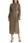Zoe And Claire Squiggle Line Long Sleeve Mock Neck Midi Dress In Taupe/black
