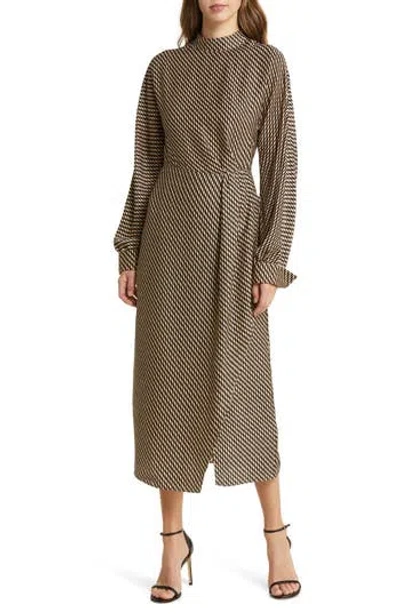 Zoe And Claire Squiggle Line Long Sleeve Mock Neck Midi Dress In Taupe/black