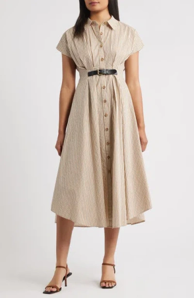 Zoe And Claire Stripe Belted Detail Cotton Shirtdress In Brown