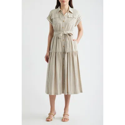 Zoe And Claire Stripe Belted Linen Midi Shirtdress In Neutral