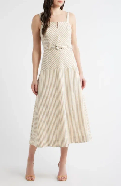 Zoe And Claire Stripe Belted Sleeveless Midi Dress In White