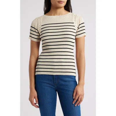 Zoe And Claire Stripe Crochet Trim Sweater In Natural