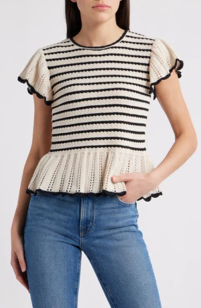 Zoe And Claire Stripe Flutter Sleeve Cotton Peplum Sweater