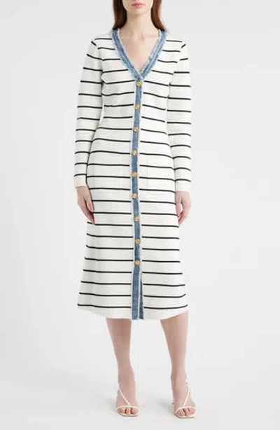 Zoe And Claire Stripe Long Sleeve Sweater Dress In White