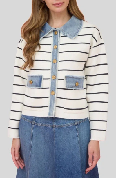 Zoe And Claire Stripe Mixed Media Jacket In White
