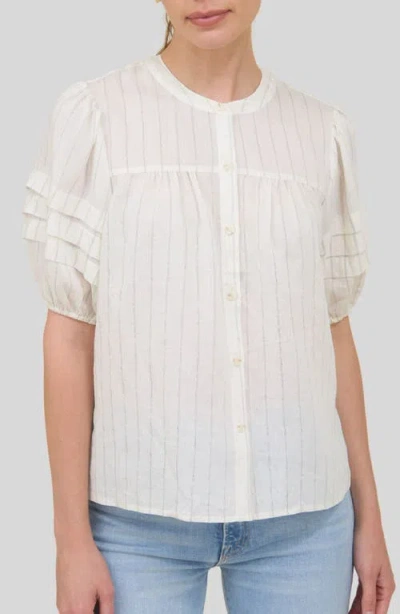 Zoe And Claire Stripe Puff Sleeve Button-up Shirt In Neutral