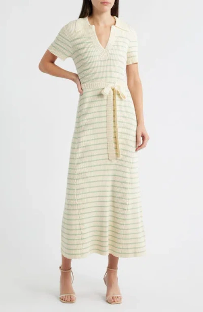 Zoe And Claire Stripe Ribbed Polo Sweater Dress In Neutral