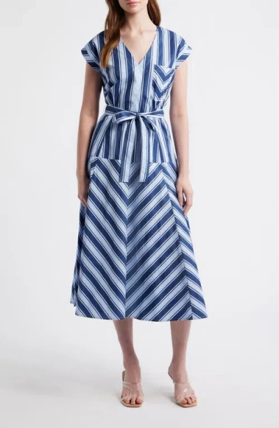 Zoe And Claire Stripe Tie Waist Maxi Dress In Blue