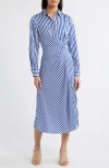Zoe And Claire Stripe Wrap Waist Long Sleeve Midi Shirtdress In Ivory/blue
