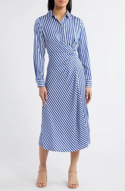 Zoe And Claire Stripe Wrap Waist Long Sleeve Midi Shirtdress In Ivory/blue