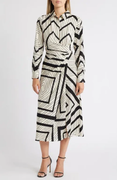 Zoe And Claire Stripe Wrap Waist Long Sleeve Midi Shirtdress In Natural/black