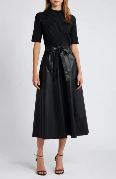 Zoe And Claire Tie Belt Mixed Media Faux Leather Sweater Dress In Black