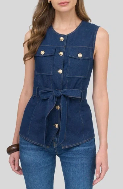 Zoe And Claire Tie Waist Denim Vest In Blue