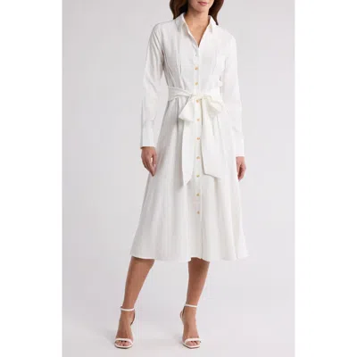 Zoe And Claire Tie Waist Long Sleeve Shirtdress In Ivory