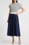 Zoe And Claire Twofer Stripe Cotton Midi Dress In Navy