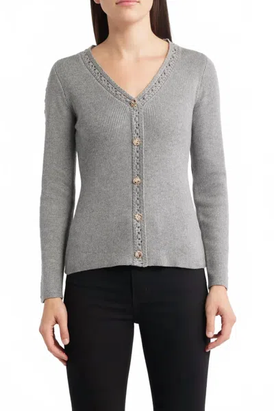 Zoe And Claire V-neck Button Up Sweater In Grey In Gray