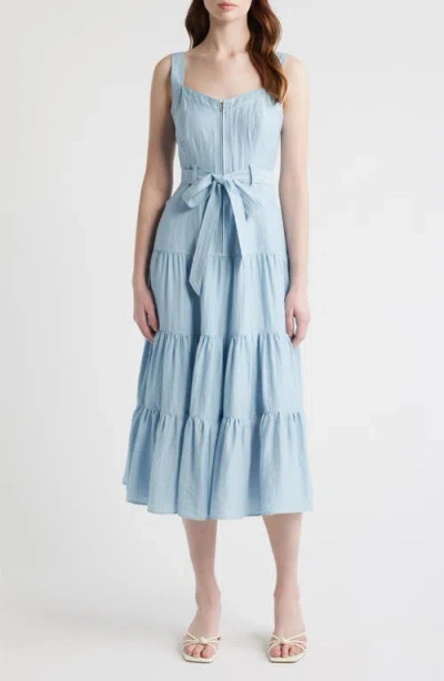 Zoe And Claire Zip Front Tie Belt Tiered Sundress In Blue