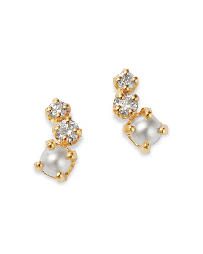 Zoë Chicco 14k Yellow Gold Graduated Curved Diamond & Cultured Freshwater Pearl Stud Earrings In White/gold