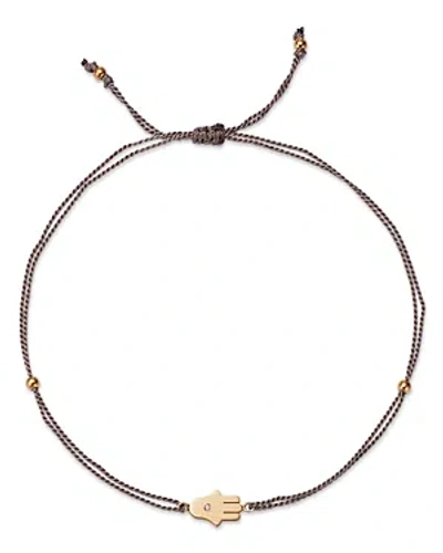 Zoë Chicco 14k Yellow Gold Midi Bitty Diamond Hamsa Gray Silk Cord Bracelet In Brown