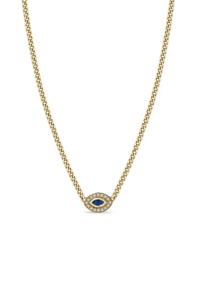 Zoë Chicco 14k Yellow Gold Curb Chain Marquise Blue Sapphire Halo Necklace, 16 In Blue/gold
