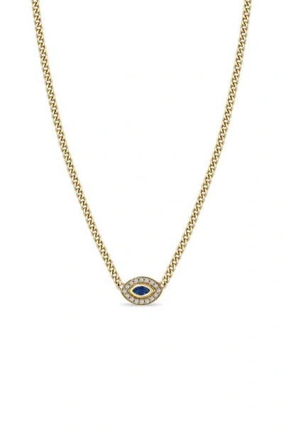 Zoë Chicco 14k Yellow Gold Curb Chain Marquise Blue Sapphire Halo Necklace, 16