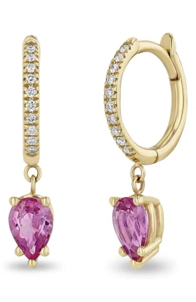 Zoë Chicco Diamond Pavé & Pink Sapphire Hoop Drop Earrings In 14k Yellow Gold