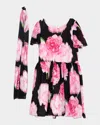 Zoe Girl's Madeline Floral Dress With Neck Tie In Black