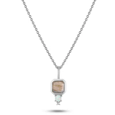 Zohreh V. Jewellery Women's Pink / Purple / Silver Square Labradorite, Opal & White Sapphire Pendant Sterling Silver