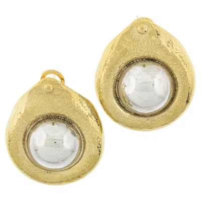 Pre-owned Zolotas 22k Gold & Silver Center Large Hammered Finish Omega Back Cuff Earrings In Multi